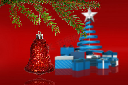 树枝上悬挂的红色圣诞装饰的复合图像