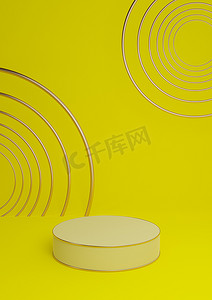 明亮的霓虹黄色 3D 渲染最小产品展示豪华圆柱台或产品背景抽象构图与金线和圆圈