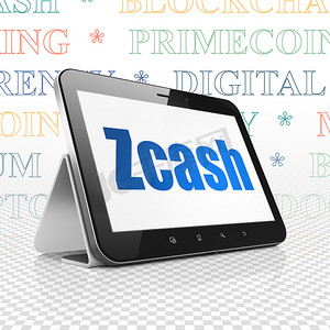 加密货币概念：显示 Zcash 的平板电脑