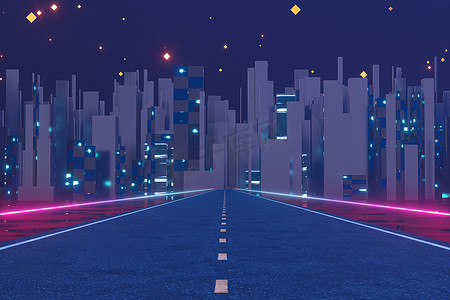 星空3摄影照片_城市道路和星空，抽象概念，3D 渲染。