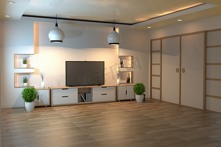 室内设计，现代客厅配有智能电视、桌子、灯、木材