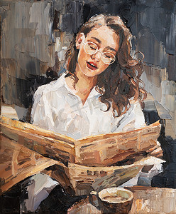 一个戴眼镜的女孩正在看报纸。