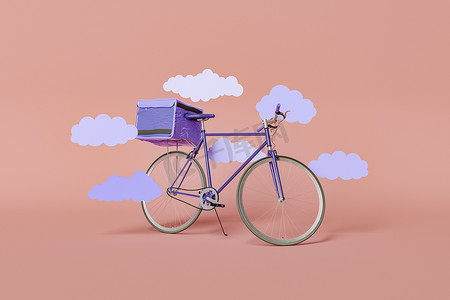 扁平运输摄影照片_带扁平云的最小送货自行车