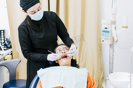 牙医进行牙科检查，牙医检查患者，牙医与患者的特写，牙医对患者进行根管治疗