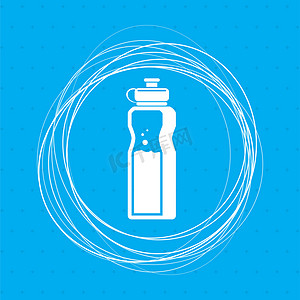 蓝色背景上的一瓶水图标，周围有抽象圆圈并为您的文本放置。