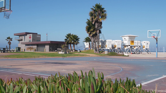 美国加利福尼亚海岸海滩上的棕榈树和篮球运动场或球场。