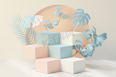 带有热带树叶和蓝色柔和植物场景的抽象基座讲台展示的 3d 渲染。