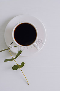 碟子俯视图摄影照片_白杯黑咖啡，白桌上有碟子和桉树枝