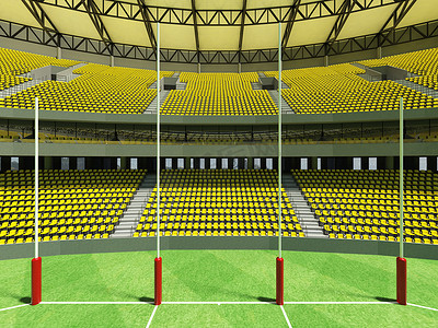 美丽的现代圆形澳大利亚规则足球场，配有黄色座位和 VIP 包厢