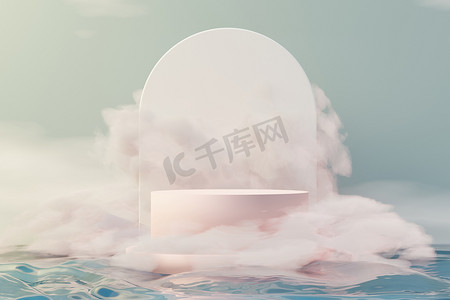 梦幻云背景摄影照片_3D 美容高级基座产品展示与梦想之地和蓬松的云。