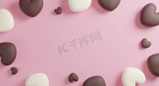 情人巧克力摄影照片_粉红色纸背景上的巧克力心与复制空间 3d ren