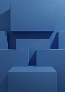 深蓝色背景简约摄影照片_明亮、深色、柔和的蓝色 3D 渲染产品展示背景简单、简约、几何壁纸，配有讲台支架，用于产品摄影或广告演示模板