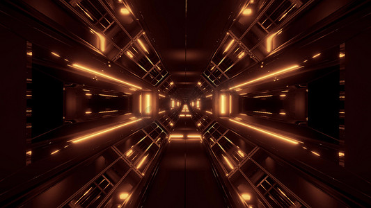 vj摄影照片_黑暗空间科幻隧道飞艇走廊飞过 vj 循环 3d 插图与金色光芒