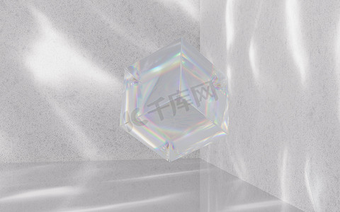 具有光影背景的玻璃立方体，3d 渲染。