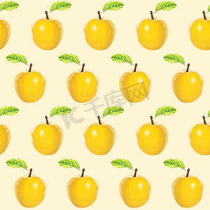 浅黄色背景上的插图现实主义无缝图案水果苹果黄色