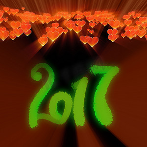 新年快乐 2017 年孤立的数字在黑暗的散景背景和红色飞行的心 3d 插图上写有光