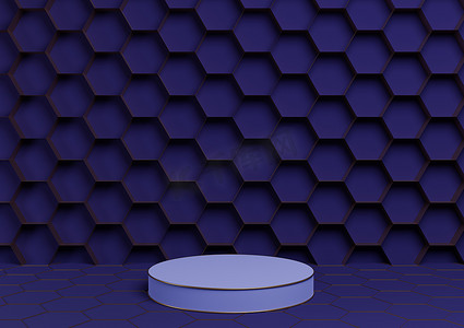 深蓝色 3D 渲染产品展示台豪华金色蜂窝抽象背景与圆柱支架最小，自然豪华蜂蜜产品的简单模板