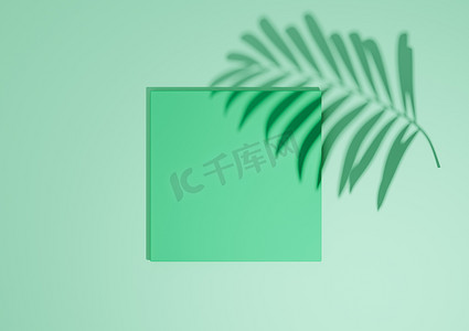 明亮的绿松石绿色，3D 渲染最小，简单的顶视图平躺产品展示背景，带有一个讲台架和棕榈叶阴影，用于自然产品
