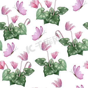手绘背景紫色摄影照片_水彩手绘无缝图案插图粉色紫色仙客来野生花卉蝴蝶。