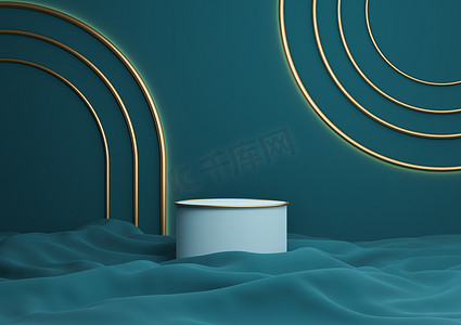 深青色、水蓝色 3D 渲染豪华产品展示圆柱讲台或带有金色线条的支架，最小的构图，带有拱形几何闪亮灯光