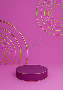 亮洋红色、霓虹粉色 3D 渲染最小产品展示豪华圆柱台或产品背景抽象构图与金线和圆圈