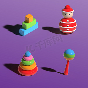 一套儿童大量玩具摇铃不倒翁金字塔立方体 3D 渲染