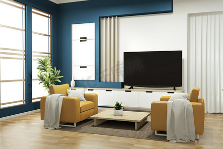 房间内深蓝色的橱柜模型，地板上木质简约设计