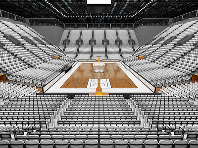 美丽的现代篮球运动场，配有白色座椅和 VIP 包厢