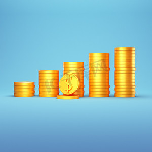蓝色背景上的 3D 金币堆栈、网页横幅的美元硬币图标和移动应用程序 3D 渲染插图。