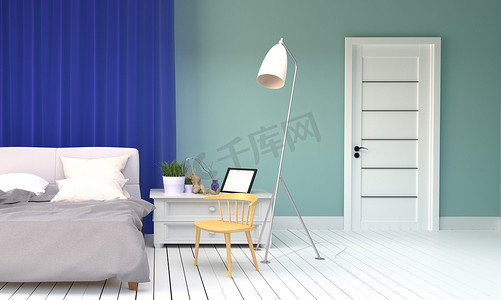 卧室室内装饰 — 薄荷风格 — 床和枕头、植物、灯、