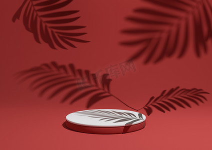 明亮的栗色、深红色、3D 渲染一个简单、最小的产品展示构图背景，在自然产品的背景中带有 ont 讲台或支架和叶子阴影。