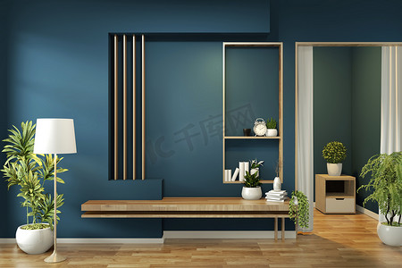 深蓝色背景简约摄影照片_房间内深蓝色的橱柜模型，地板上木质简约设计