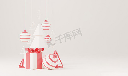 喜庆海报红色摄影照片_3d 圣诞树与红色礼品盒和球白色背景，圣诞海报，网页横幅。 
