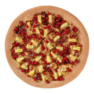 美食扁平化背景摄影照片_甜比萨饼，配炼乳、马苏里拉奶酪、红醋栗和菠萝，白色隔离