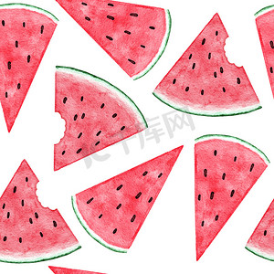 水果冰激凌摄影照片_水彩手绘无缝图案与西瓜水果，红色绿色热带食品，明亮的暑假背景。