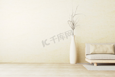 浅米色名片摄影照片_在带有空混凝土墙背景的风格客厅中，采用温暖中性色调的内墙模型，配有低沙发、米色枕头和陶瓷盆上的干植物。 