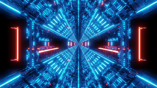 未来科幻空间机库隧道走廊与无尽的发光灯 3D 插图 3D 渲染壁纸背景