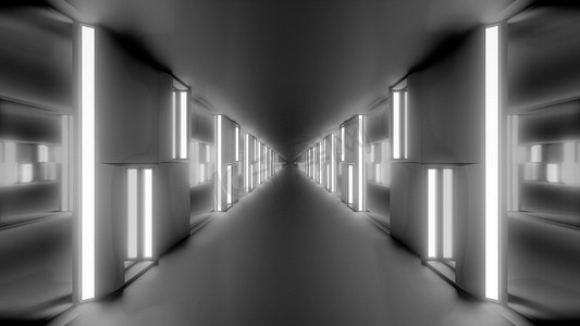 干净的未来科幻隧道走廊，配有发光灯和玻璃窗 3D 插图壁纸背景设计