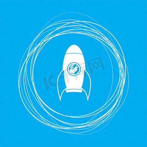 蓝色背景上的火箭图标，周围有抽象圆圈并为您的文本放置。