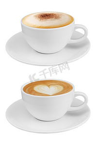 侧视图咖啡杯系列，咖啡杯分类与形状标志集合隔离在白色背景。