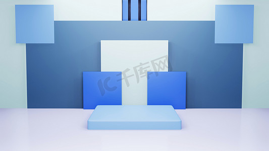 抽象建筑背景与白色和蓝色盒子安装。 