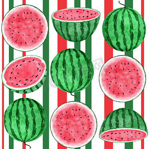 水彩手绘无缝图案，西瓜果子和条纹，红绿热带食品，明亮的暑假背景。