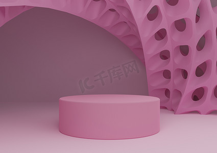 浅色、柔和、淡紫色粉红色 3D 渲染产品展示，带圆柱形支架或讲台和未来派抽象几何形状现代背景最小构图模板