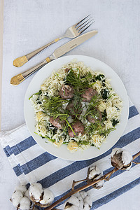 瑞典肉丸摄影照片_瑞典肉丸配莳萝，上面是芹菜和菠菜饭。