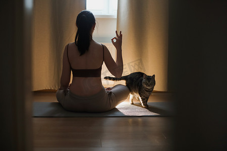 年轻女子在家里和她的猫一起做瑜伽和练习冥想。