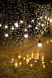 婚礼晚上在针叶松林中点亮蜡烛和灯。