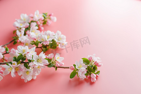 樱花盛开，粉红色背景上的春天花朵，有空间容纳问候语。