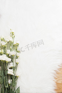 一束大花束白花在白色毛皮地毯上的木地板上。