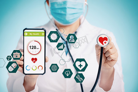手机手机app摄影照片_带听诊器的医生并展示智能手机用于医疗检查应用软件概念