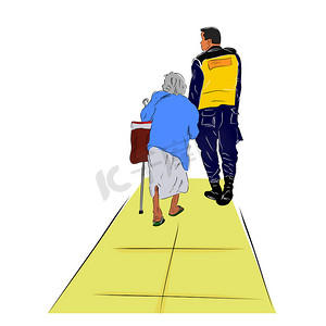 彩色简单概念矢量图、保安或警察帮助老妇走进目的地